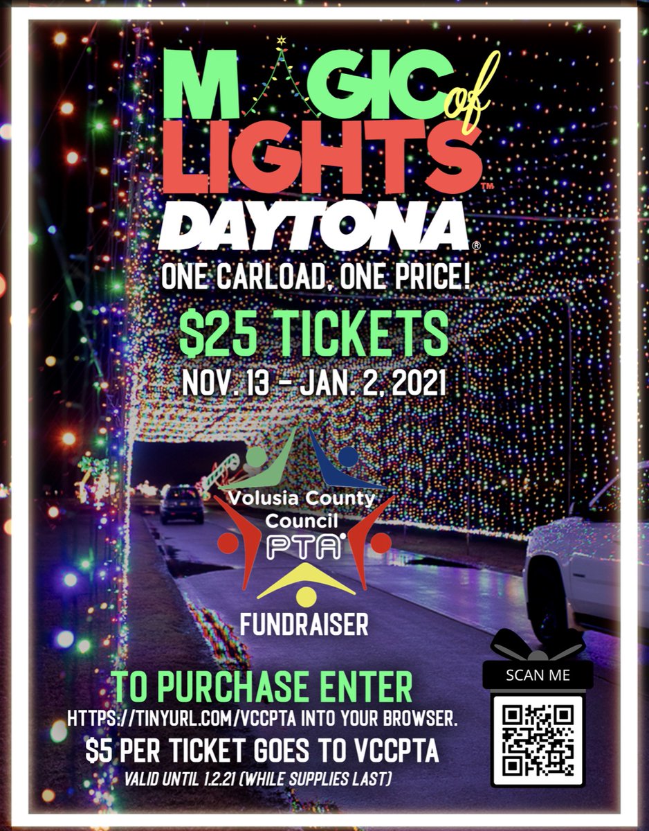 volusiaschools's tweet photo. Magic of Lights Daytona (Nov 13-Jan 2) has partnered with VCCPTA to offer a price of $25 per carload. The $25 price is without extra fees, making it the best price available. Plus, VCCPTA will receive $5 for every ticket sold! Special price link: https://t.co/WrFwj48xfE https://t.co/y1AEuI9XHK