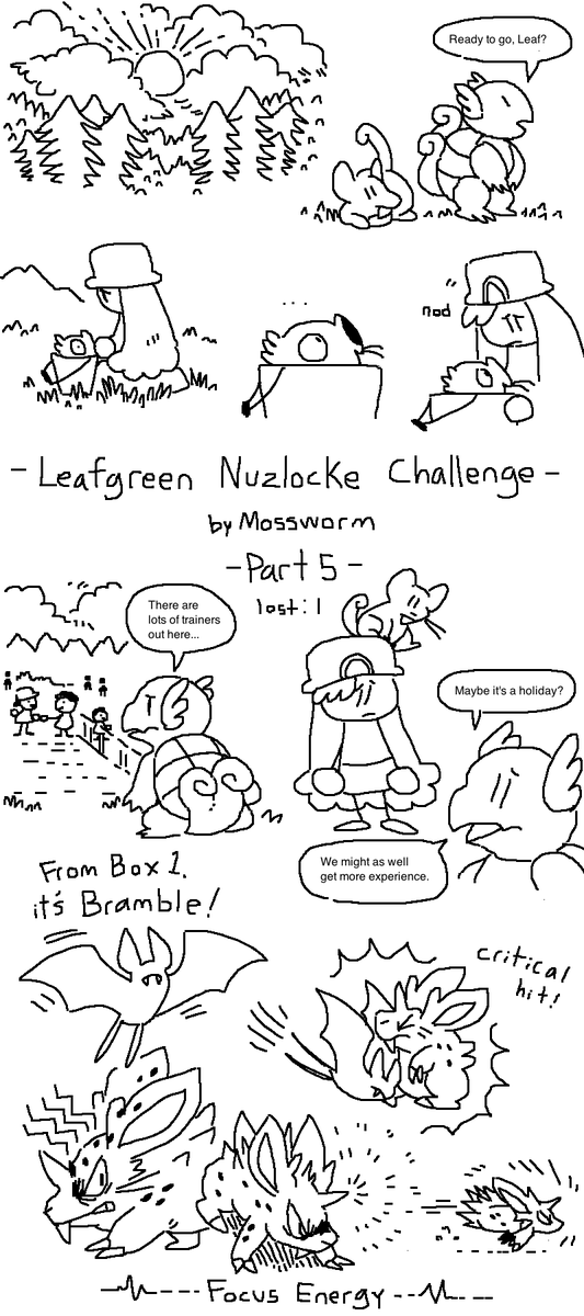 Leafgreen Nuzlocke Challenge Part 5! I didn't mean for everything to be so heavy but here we are, whoops
#nuzlocke
#pokemon
#comic
#mossworm 