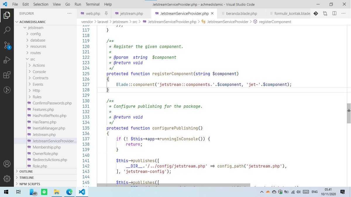 achmedislamic's tweet image. yg bingung dimana letaknya rendering component utk Laravel Jetstream seperti &amp;lt;x-jet-*&amp;gt;, ini dia lokasinya di file JetstreamServiceProvider.

#LearnLaravel #Laravel #php #BelajarLaravel