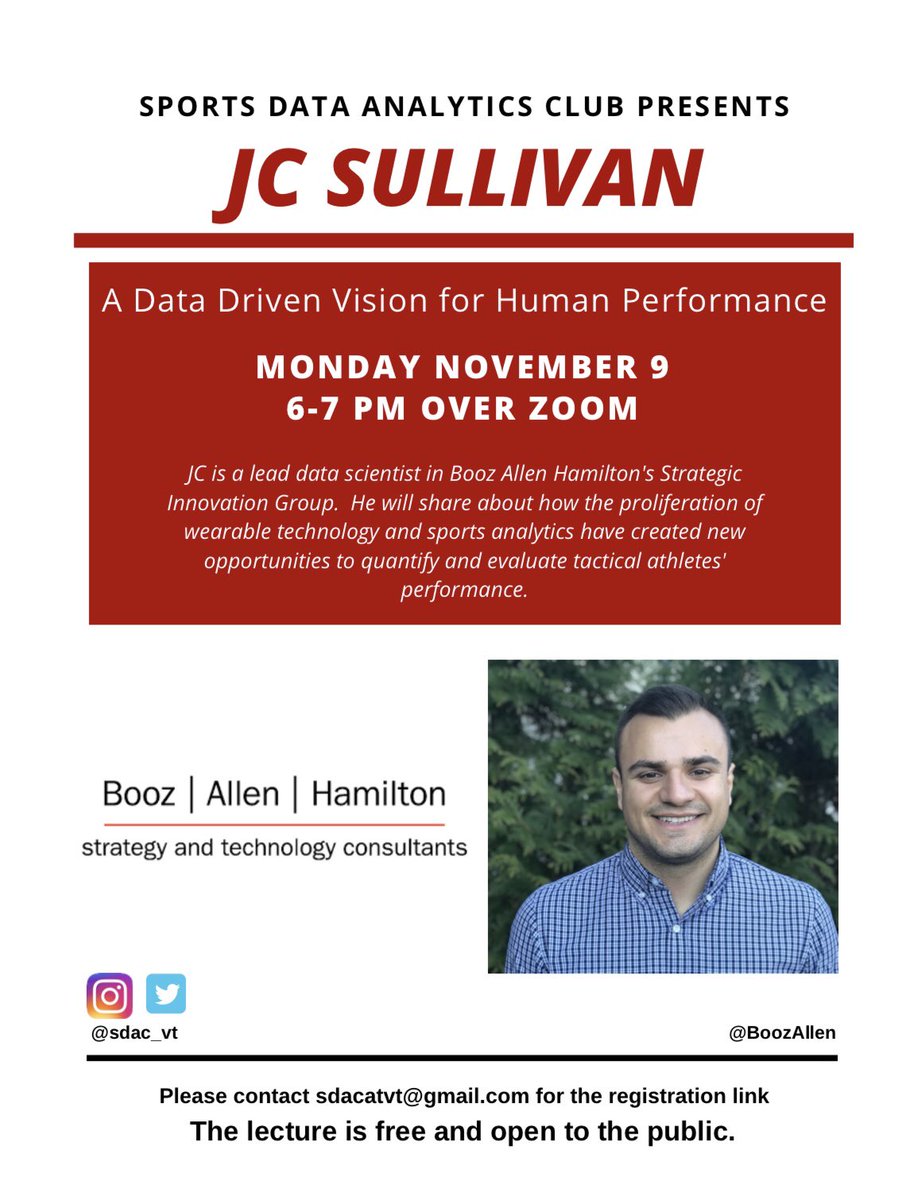 Don’t forget to sign up for the presentation by JC Sullivan called “A Data Driven Vision for Human Performance” happening today (11/9) at 6 PM. It’s open to all, but remember to sign up so we can send you the link to the meeting. Hope to see you all there!
virginiatech.zoom.us/meeting/regist…