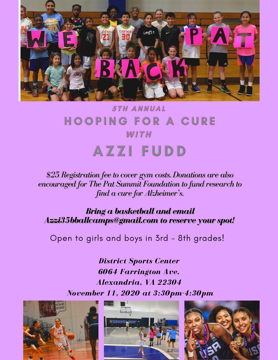 Azzi Fudd (@azzi_35) on Twitter photo This Wed, Nov. 11th is my 5th Annual Hooping for a Cure clinic! Come out and learn some of the fundamentals that have helped me become the player I am today. Let’s join together and help raise money for The Pat Summitt Foundation! Email azzi35bballcamps@gmail.com to register now! This Wed, Nov. 11th is my 5th Annual Hooping for a Cure clinic! Come out and learn some of the fundamentals that have helped me become the player I am today. Let’s join together and help raise money for The Pat Summitt Foundation! Email azzi35bballcamps@gmail.com to register now!