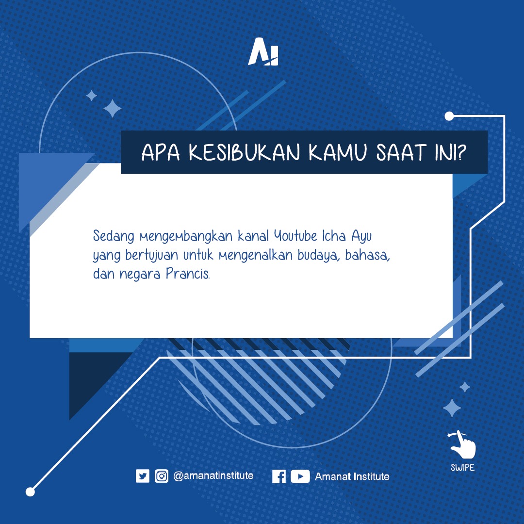 amanatinstitute's tweet photo. Dalam rangka memperingati hari Pahlawan, Amanat Institute mempersembahkan:

10 Pahlawan bagi 10 Pemuda dari 10 Negara

Pemuda pertama ada:

Icha Ayu di Prancis
@ichayuz

Content Creator

Penulis Buku:
Distance: 11,369 km untuk satu cinta
Remember Paris
Saat Eropa Jadi Rumah Kedua https://t.co/ax73mWU7vs