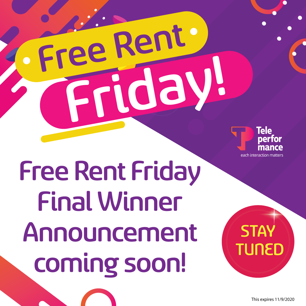wearetpintheusa's tweet photo. We will announce the winners soon. STAY TUNED! 

#FreeRentFriday
#TeleperformanceUSA https://t.co/beHVp75S89