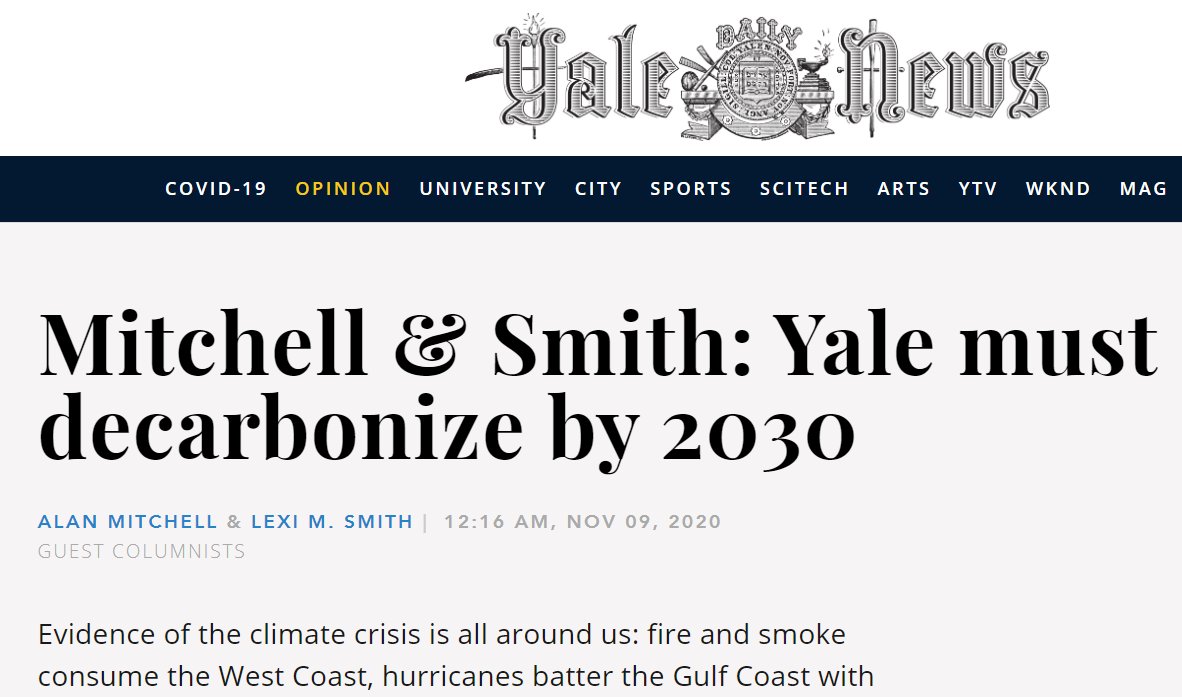 Great op-ed on how <a href="/Yale/">Yale University</a> (sitting on a $31 billion endowment!!) is only planning to go carbon-neutral by . . . 2050. Slower than less wealthy schools and a generation too late. Time for a plan to rapidly decarbonize &amp; create green jobs for New Haven! yaledailynews.com/blog/2020/11/0…