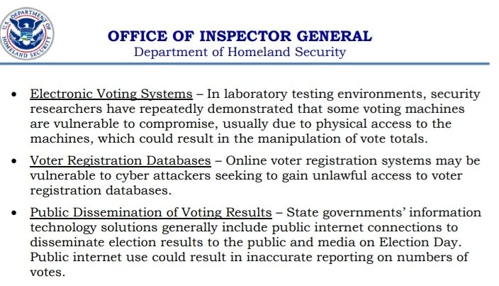 Vulnerabilities identified:Electronic Voting Systems – In lab testing environments, security researchers have repeatedly demonstrated that some voting machines are vulnerable to compromise,due to physical access to the machines.. could result in the manipulation of vote totals