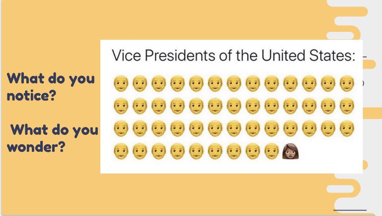 SharlaFalodi's tweet photo. My class really wanted to discuss the U.S. elections today. We started with this provocation. I asked them to share what they observe, wonder and then infer. Students identified race, gender presentation, and quantity differences. They noticed an unfair pattern. https://t.co/wwOGYlAHAS