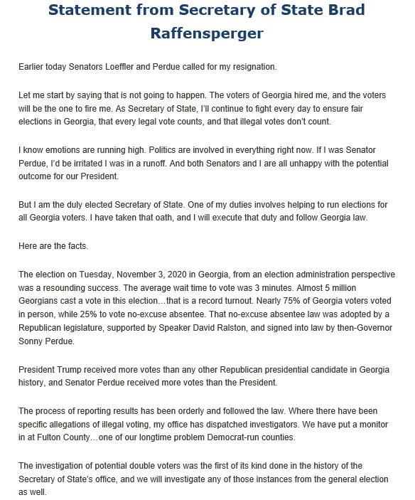 GaSecofState's tweet image. Statement from Secretary of State Brad Raffensperger