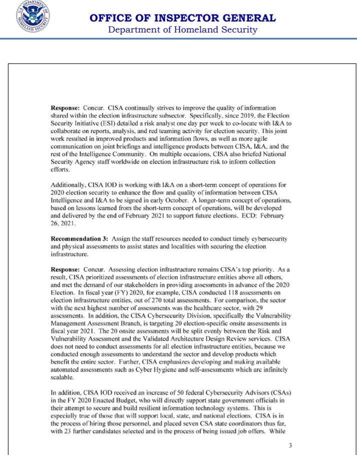 Draft recommendations letter. Concerns that the report is released just one month before the electionCISA has until March 2021 to implement recommendations(Meaning: concerns and security issues where still an issue for this election)Full report  https://drive.google.com/file/d/1ixNFoYQfVAtTwAkcgkZC4vxvuuFSTjIk/view?usp=drivesdk