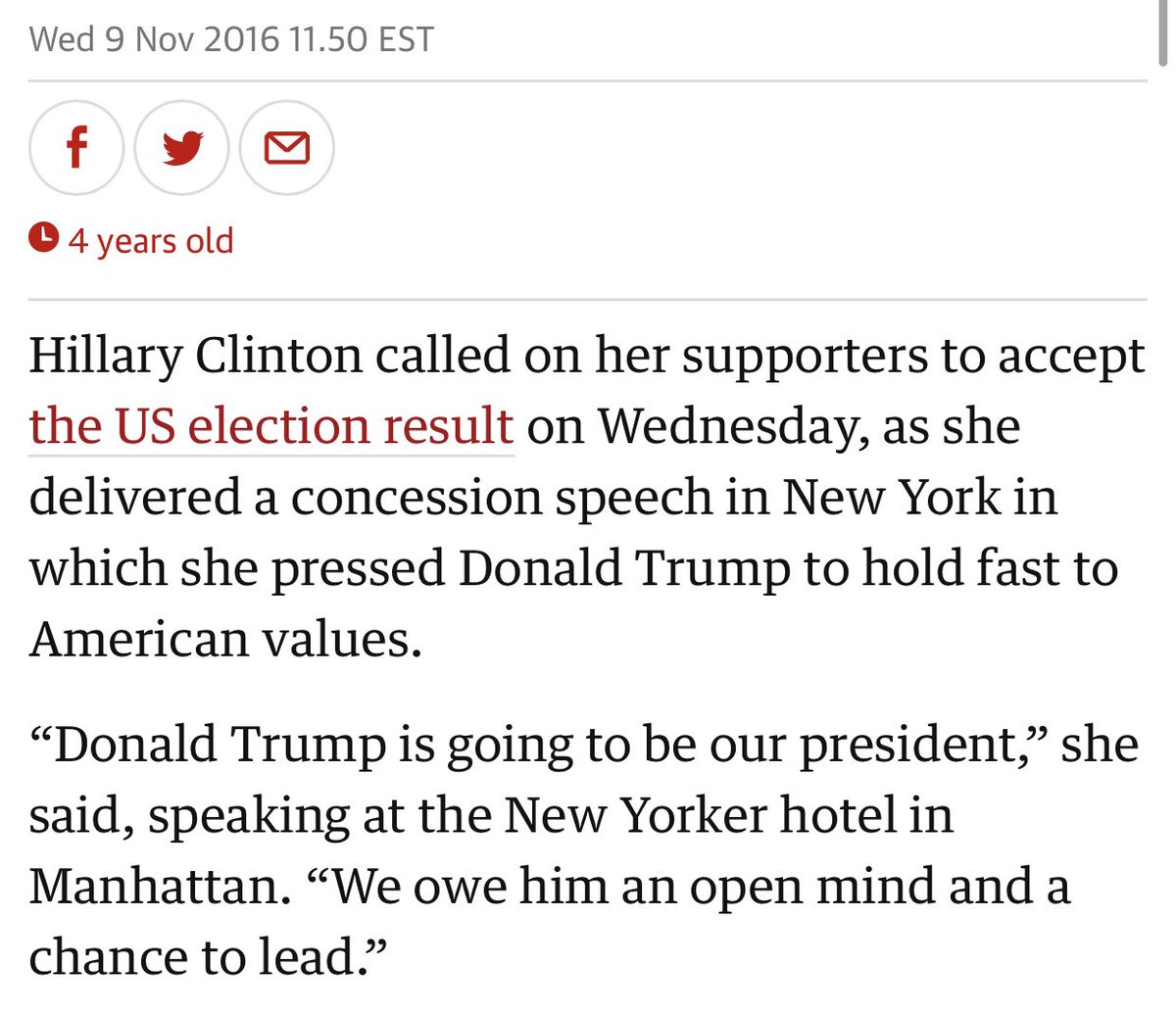Russell_Arch's tweet image. Hillary never claimed fraud. Hillary didn’t celebrate early results. 
Hillary conceded THE NEXT MORNING even with relatively tight margins in WI, MI, &amp;amp; PA because she knew she’d lost.
Your father is only confirming what a menace he is to democracy.
#TrumpConcede