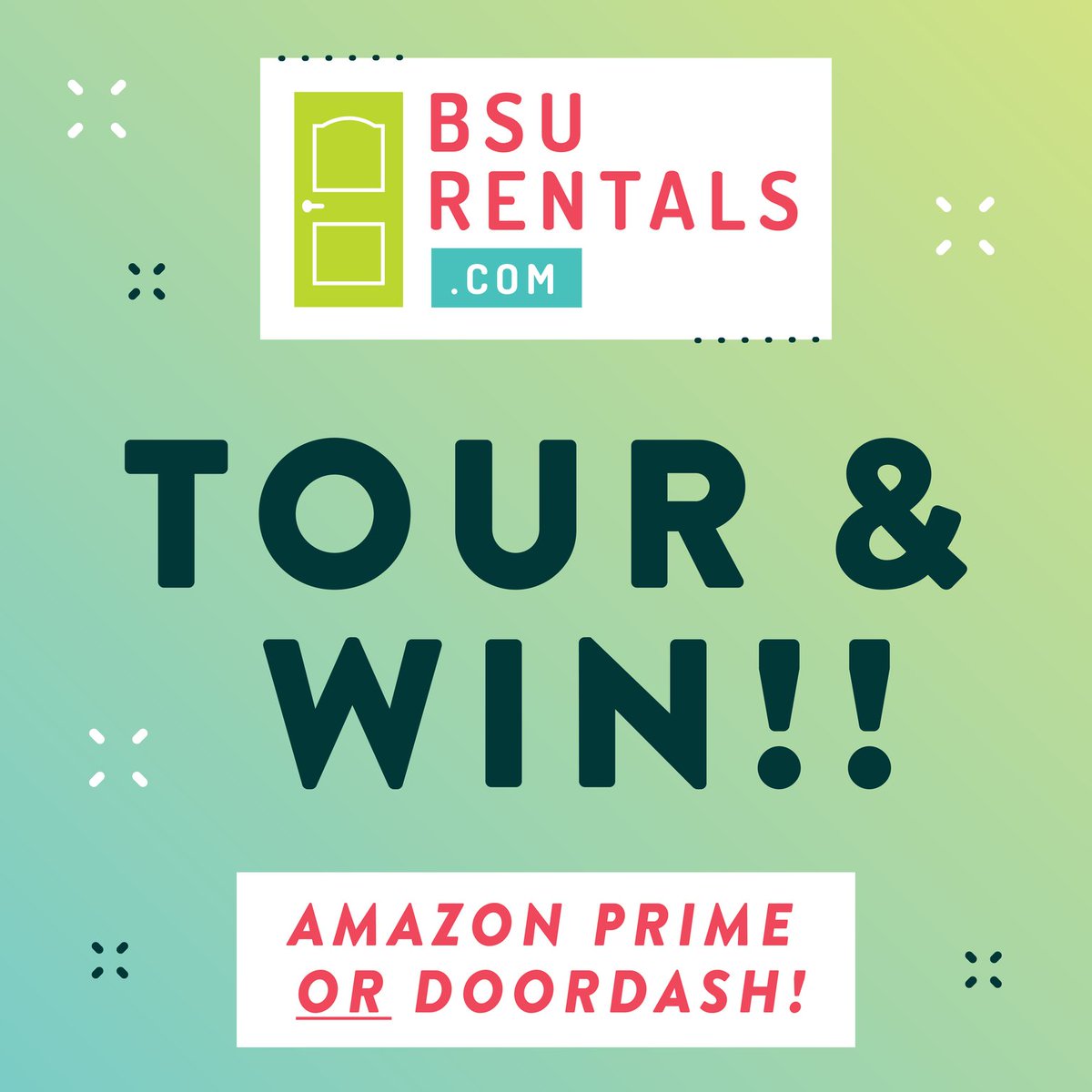 BSURentals's tweet photo. Did you know that by just taking a tour with us you will be entered to win your choice of a whole year of Amazon Prime on us or $100 DoorDash gift card?! You also need to tour to find out which places suit you for 2021-2022, so it's a win win! https://t.co/IpRr7dIhF1