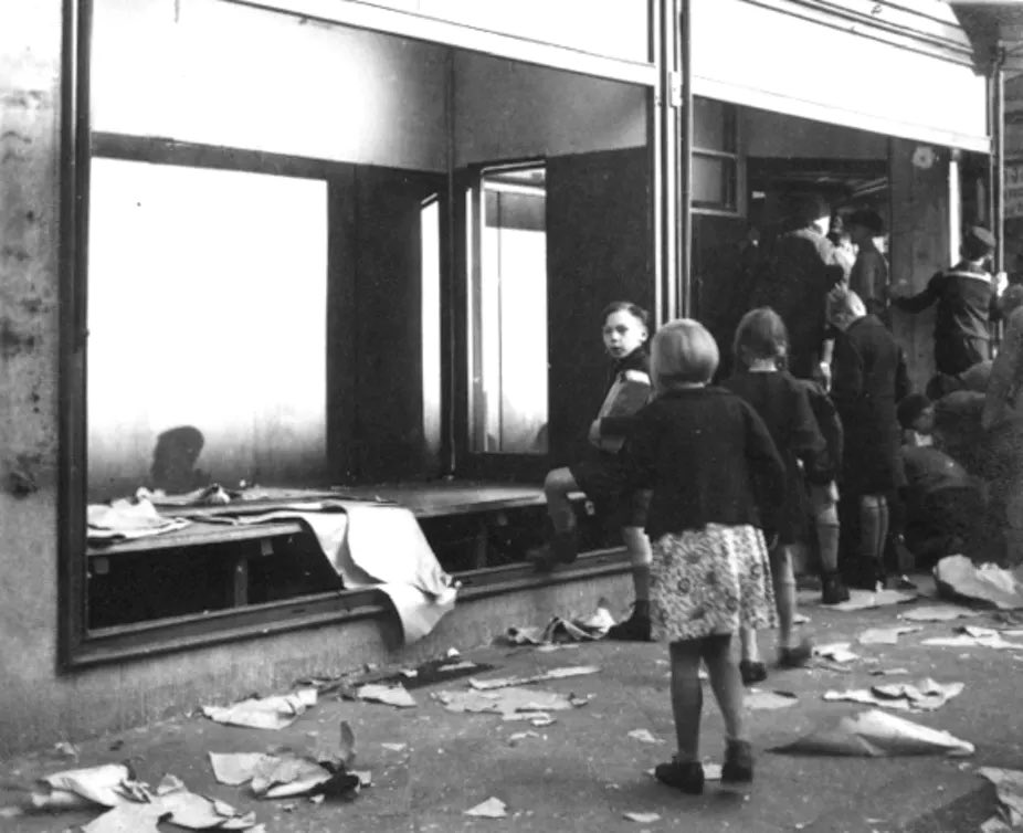 3. 09.11.1938 - Kristallnacht (Night of the Broken Glass; November Pogrom). Nazi paramilitary forces and civilians broke the windows of Jewish-owned stores, buildings, and synagogues, while Nazi authorities looked and did nothing to stop it.