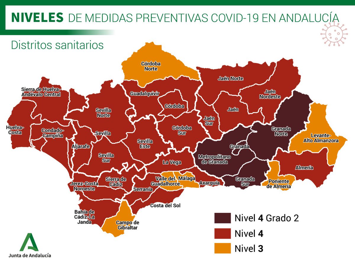 AndaluciaJunta's tweet photo. 📢 Niveles de medidas preventivas para la #COVIDー19 en #Andalucía
🔎 Conoce las medidas de los niveles de tu municipio, provincia o distrito sanitario
🖱 Para información más detallada consulta la web 👉 https://t.co/YPARQvFhMx 

Cuida de ti
Cuida de todos
Cuida de #Andalucía 💚 https://t.co/plkUeaP5m0