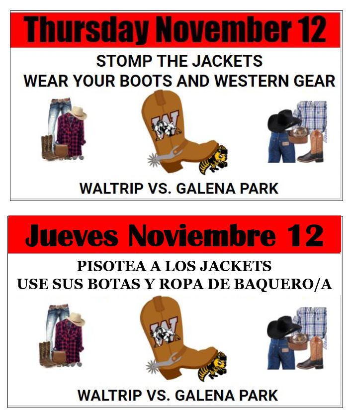 WaltripRam's tweet photo. Joins us and lets Stomp the Jackets!! Thursday November 12th!!
Acompañanos, vamos a pisotear a los Jackets el Jueves Noviembre 12!!
#waltripspiritday #waltriphighschool #ramnation #whs #whsstrong #RamFamily2020 #WaltripHighSchool #whs2020 https://t.co/dpR2IP7vOG