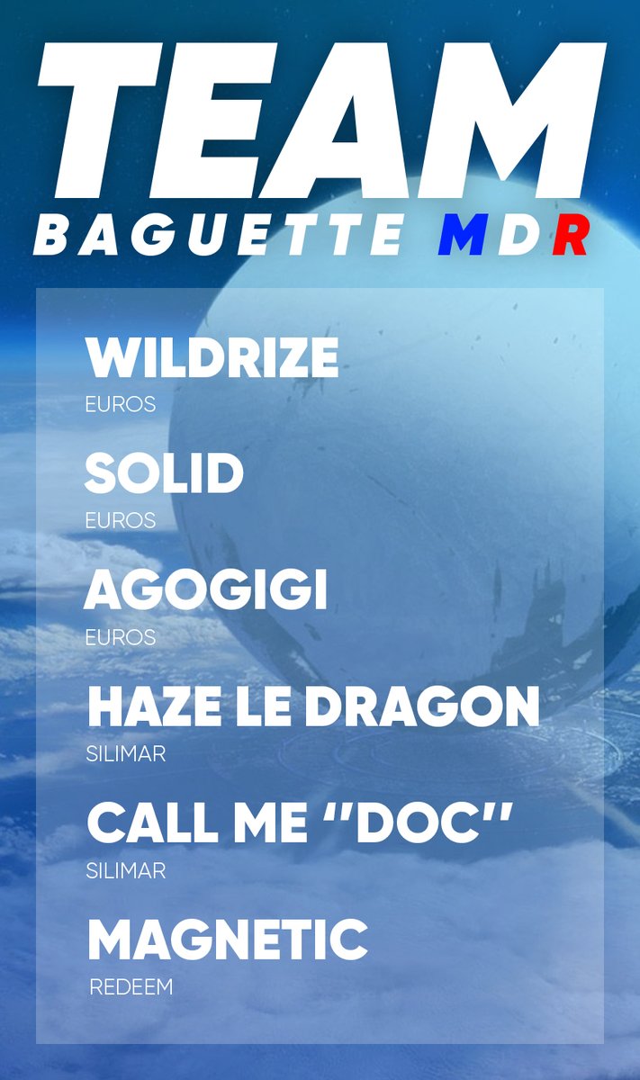 Introducing Team Baguette! :-) (If we win, we get steaks)
<a href="/wildrize/">Wildrize</a> <a href="/Solid_28/">Solid</a> <a href="/agogigi_/">agogigi</a> @ImTheHaaze <a href="/MagneticRubber/">Magnetic</a>