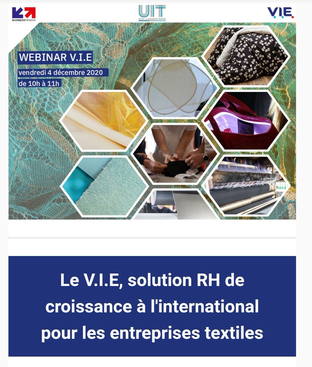 JoelleDaFonseca's tweet photo. L'UIT organise ce webinar V.I.E avec BusinessFrance. Inscrivez-vous ! #textile #businessfrance #uitfrance https://t.co/RmpelMhLBi