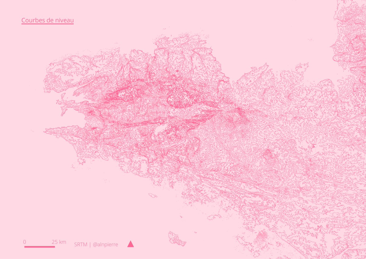 alnpierre's tweet photo. Une autre version de la Bretagne, cette fois avec les courbes de niveau issues des données SRTM... et un peu de rose 🦩🍬

#30DayMapChallenge Jour 9 - Monochrome https://t.co/B8ltr7hvU7