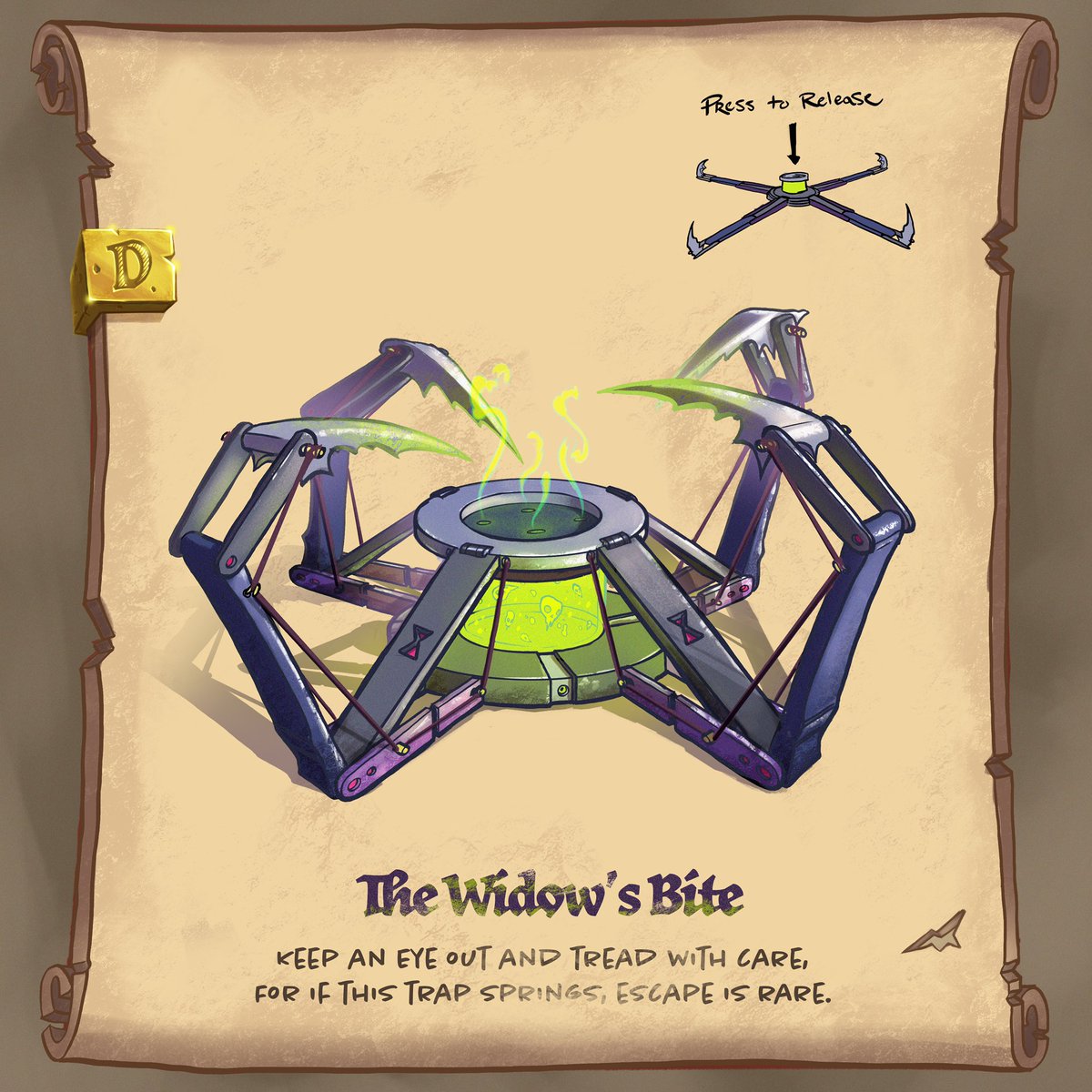 DaltonPenc's tweet photo. Prompt 18:
Trap
This bear trap inspired devise releases poison from its center canister and has spines dipped in acid. Watch where you step! Found at Daltโs Dubious Devices & Dastardly Doodads.
#trap #inktoberprompts #dnd #widowsbite https://t.co/68OYSwClMQ