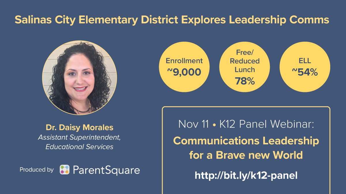 ParentSquare's tweet image. We&apos;re thrilled to have Dr. Daisy Morales of @salinascitysd join us this Wednesday for a panel discussion on #k12 leadership communications! Save your spot here: attendee.gotowebinar.com/register/54912… #suptchat #prchat #schoolpr