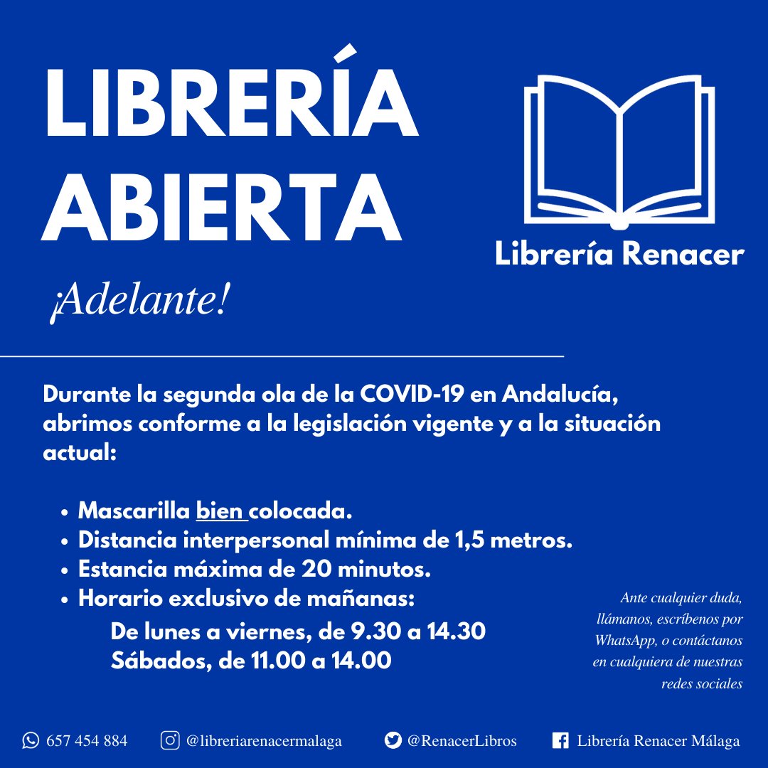 Desde el martes día 12 de noviembre y hasta nuevo aviso, abriremos en exclusivo horario de mañana:
De lunes a viernes, de 9.30 a 14.30
Sábados, de 11.00 a 14.00
Si tienes dificultad de acercarte en este horario, escríbenos e intentaremos ayudarte como podamos.