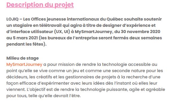 CJERDP's tweet photo. **OFFRE DE STAGE**

@lojiq_org – Les offices jeunesse internationaux du Québec est à la recherche d’un jeune qui agira, en tant que stagiaire professionnel, comme designer d’expérience et d’interface utilisateur pour MySmartJourney. https://t.co/7GPDhb15b5