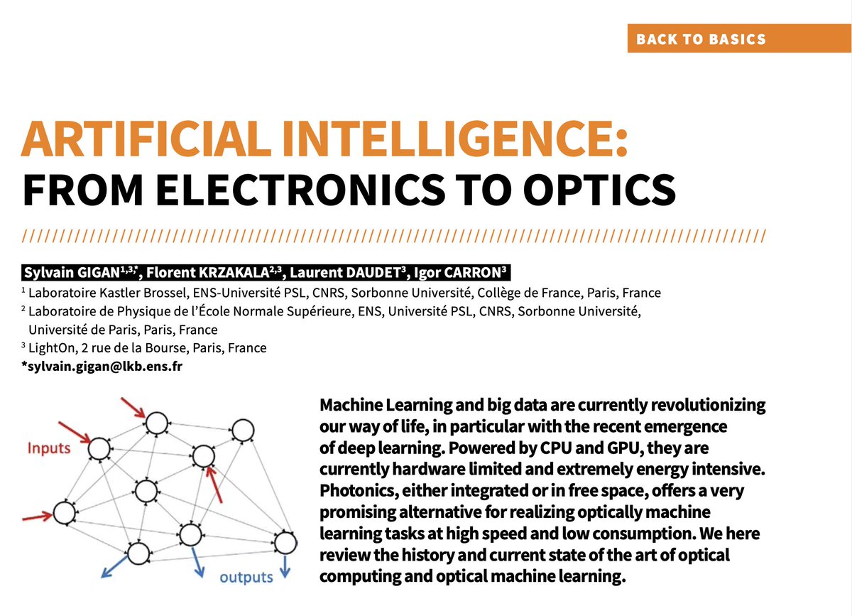 sylvaingigan's tweet photo. read our article in @Photoniques_edp :

"artifical intelligence: from electronics to optics" 

https://t.co/z7LhbrR12H

with @KrzakalaF @Laurent_Daudet @IgorCarron 

TOC of the special issue  on Optical computing :  https://t.co/IHeR1tCzuQ https://t.co/ZaumRXchhL