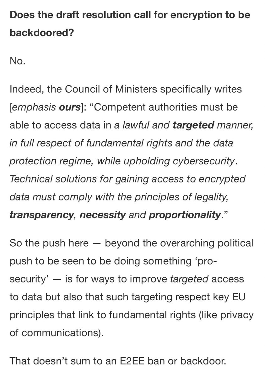 So the resolution explicitly calls for gaining “targeted access to encrypted data”, but we’re going to say that’s not a “backdoor in encryption”. Because we say things.