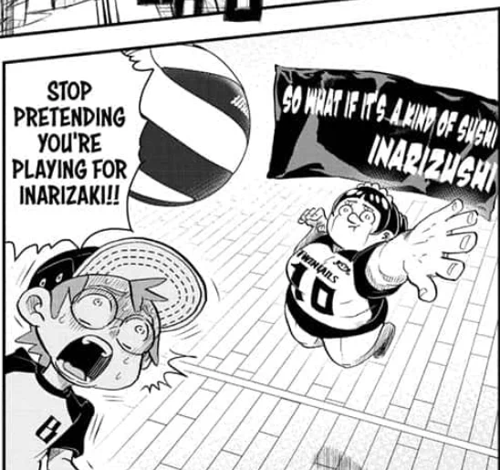 This week's Me &amp; Roboco was about a volleyball match, so of course, it was going to have a lot of Haikyuu references. But man, I wasn't expecting to see Inarizushi's banner.
Hahahahaha 