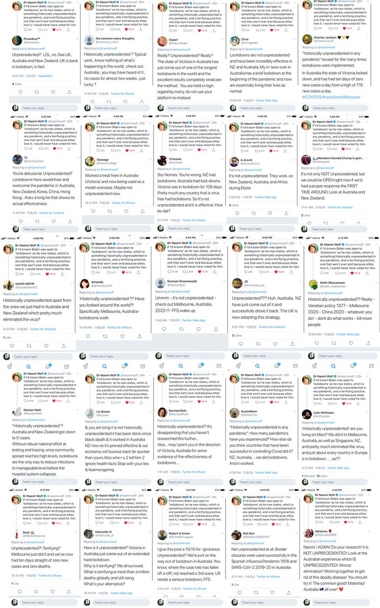 When  @naomirwolf noted, very accurately, that lockdowns were entirely unprecedented before Xi invented them in Jan 2020, CCP propagandists stormed her feed to reeducate her on the fact that lockdowns ARE historically precedented by the recent 2020 lockdown in Melbourne, AUS.  https://twitter.com/naomirwolf/status/1325604856283869189