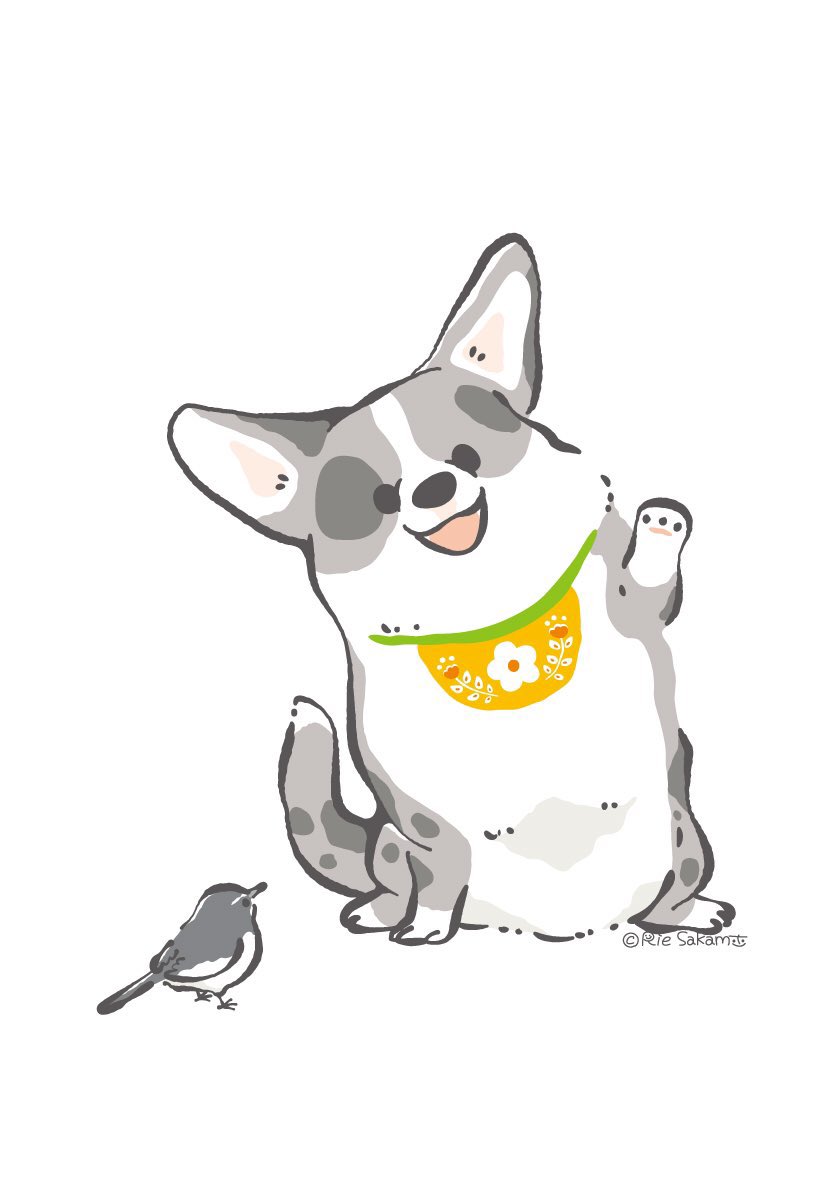 「ニコニココーギーと野鳥たち
#人と犬・愛犬笑顔の日 #愛犬笑顔の日 #コーギー 」|サカモトリエ/イラストレーターのイラスト