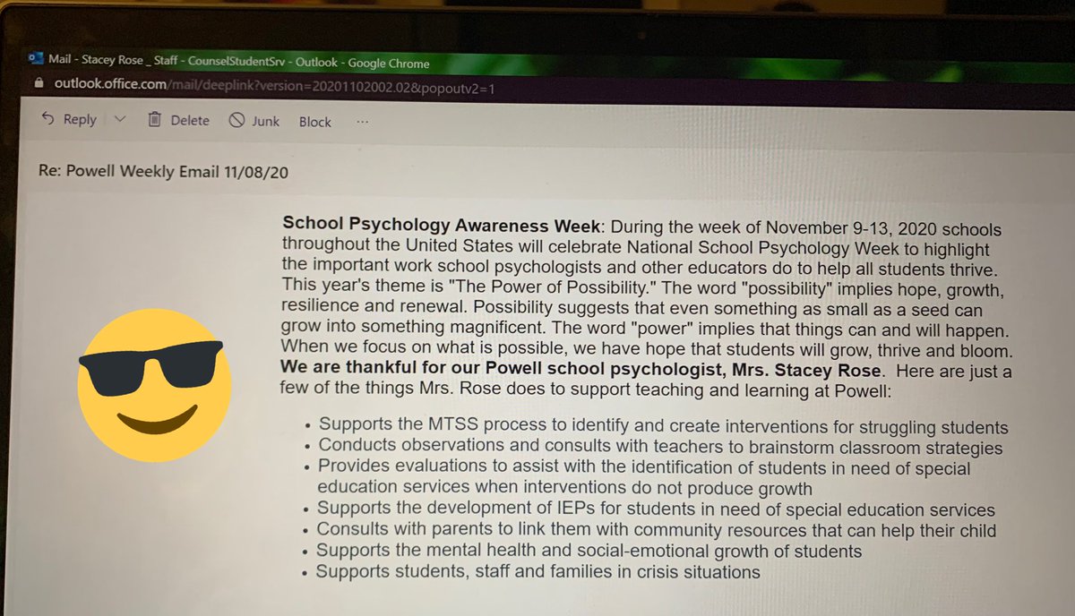 SMRosePsych's tweet image. It’s great being a school psychologist when you work with awesome people! @PowellPrincipal reminded parents and staff about #SPAW2020 in his weekly email- without me asking him to! @nasponline @wcpss_schoolpsy