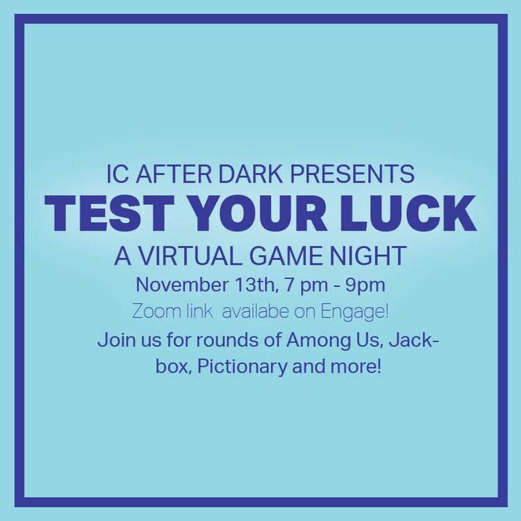 ICAfterDark's tweet photo. Test your luck on Friday, November 13 from 7-9pm at our virtual game night! We will be playing a bunch of fun games including Jackbox, Among Us, and more! And of course there will be prizes! 

https://t.co/SYCnqFHt2p https://t.co/1IzOofXuaX