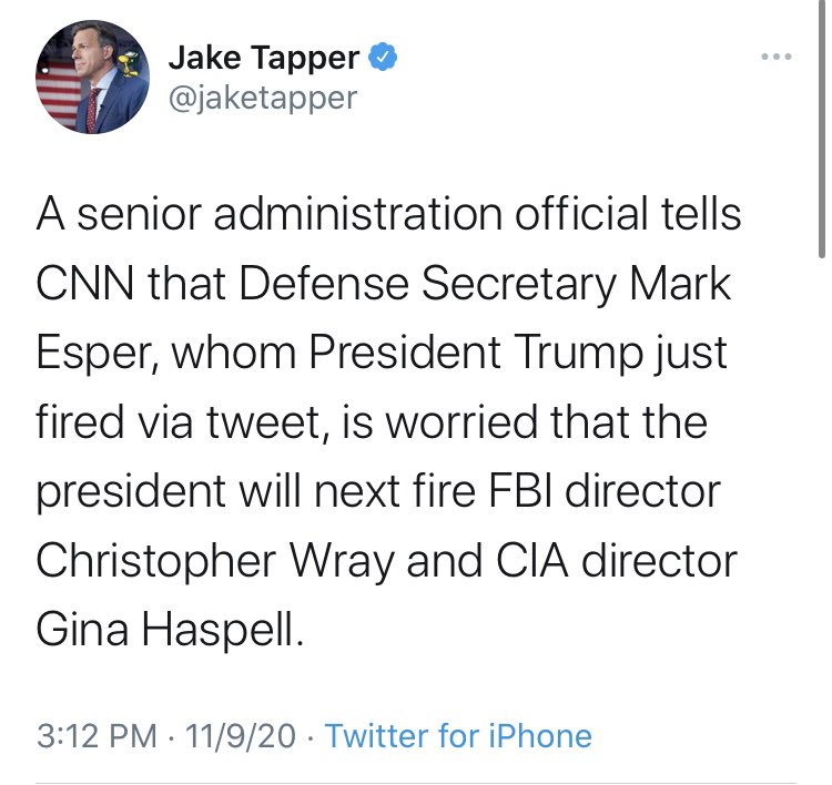 110/ Who cares what Esper thinks? It makes sense for him to think that Trump will make a move since it is known that Trump dislikes the CIA/FBI heads.What changes if Esper is “worried” about this?Total non-news which may have been made up by  @jaketapper.