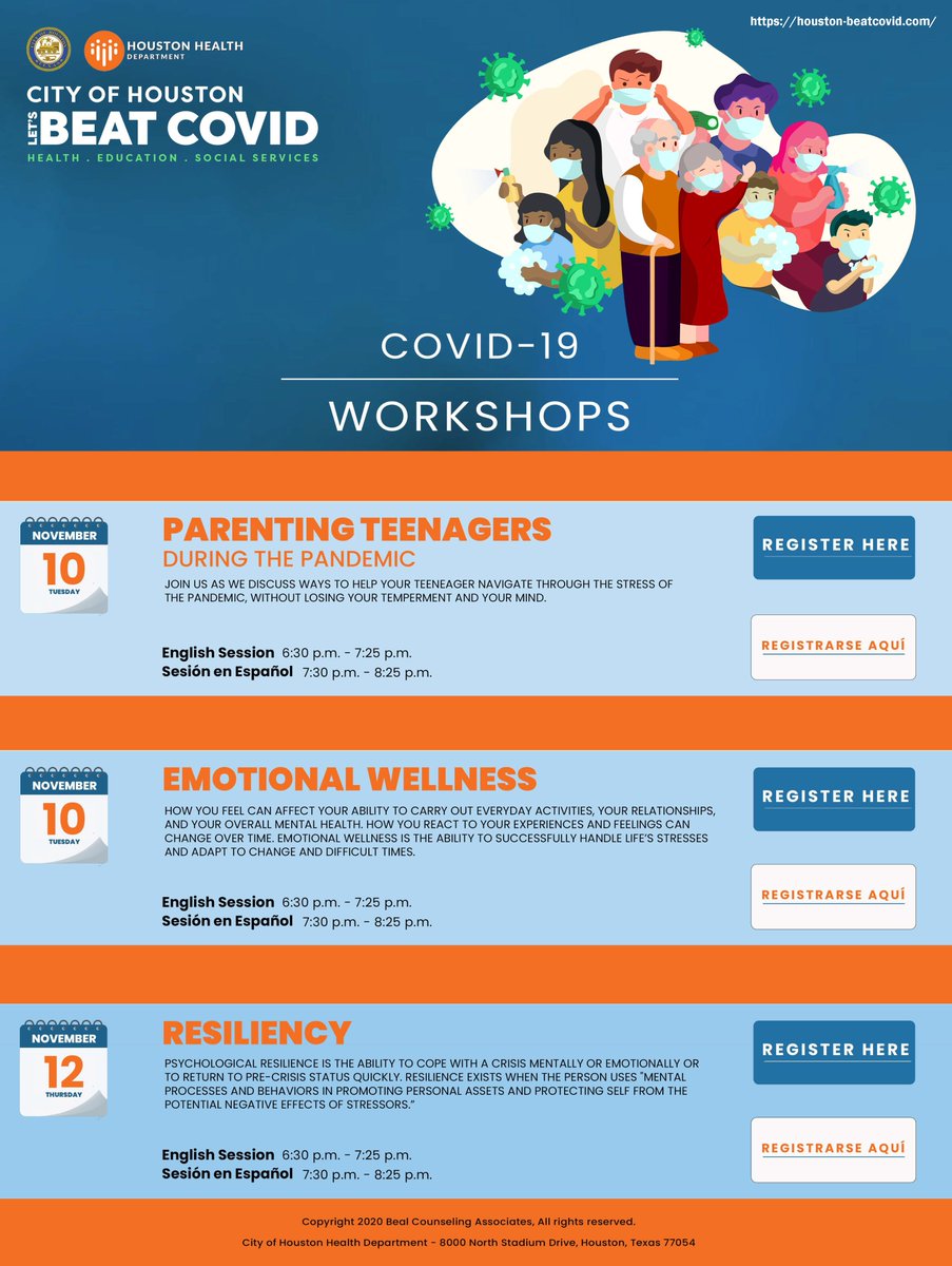 .<a href="/HoustonISD/">Houston ISD</a> families join <a href="/HoustonTX/">City of Houston</a>'s webinars on navigating COVID-19. Happening this week:
•Nov 10 @ 6:30 pm -Parenting Teenagers: bit.ly/3kg6DLQ
•Nov 10 @ 6:30 pm -Emotional Wellness: bit.ly/36dkw8k
•Nov 12 @ 6:30 pm -Resiliency: bit.ly/35c4AUM
