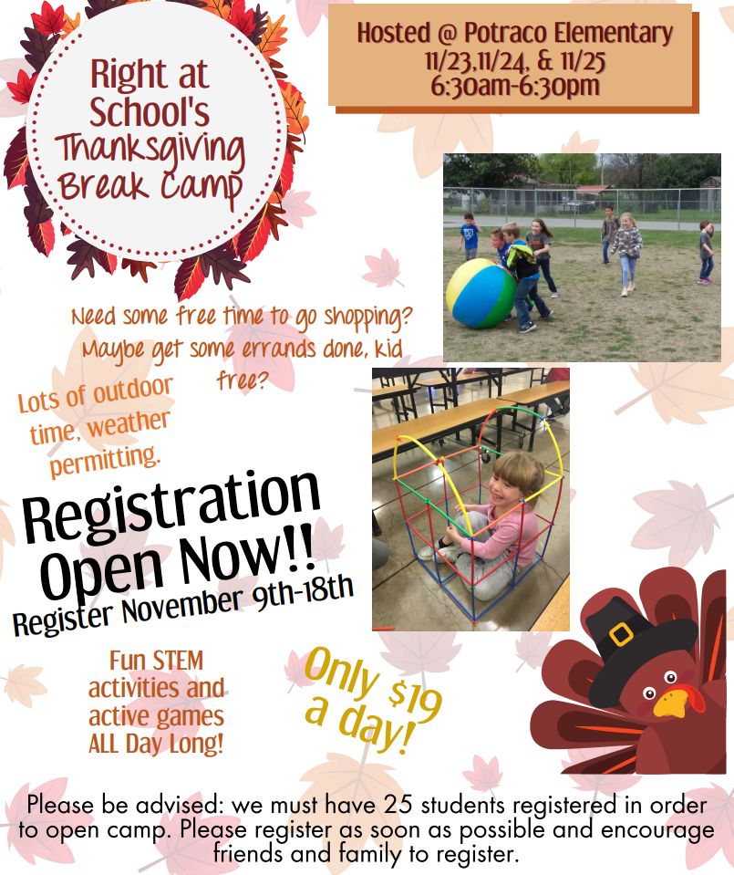 MVISD's tweet photo. Thanksgiving Break is right around the corner and Right At School is here for you. RAS will be having full-day camps Mon. the 23rd through Wed. the 25th at Potranco Elementary from 6:30am-6:30pm. 

Please register your student at the link below.
 
https://t.co/LJrENM17lZ https://t.co/14CtY7yy9a