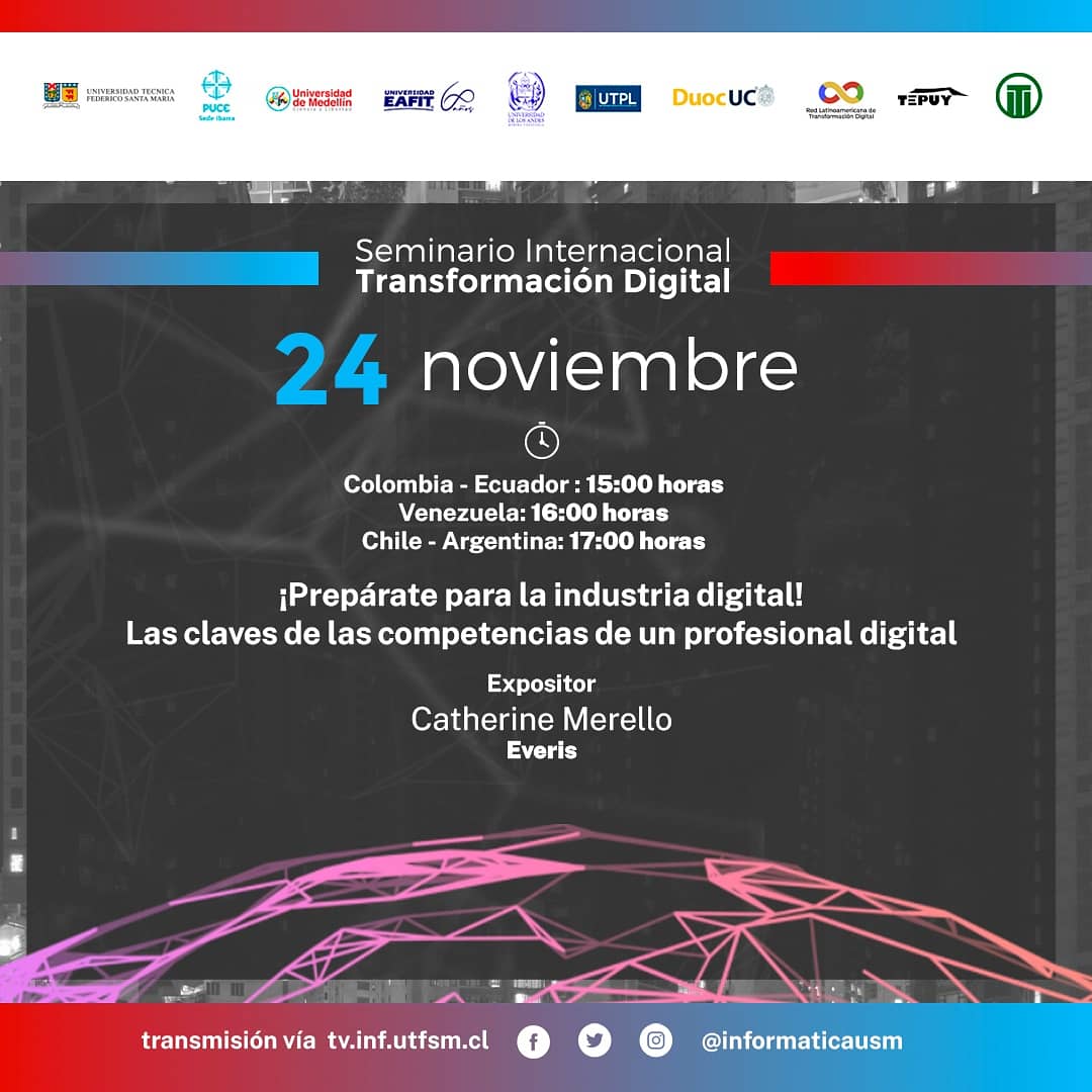 informaticaUSM's tweet photo. Estamos en la recta final de nuestro Seminario Internacional de Transformación Digital. Participa mañana en la charla "Ciberseguridad" y revisa las imágenes para ver los siguientes temas y expositores ¡Te esperamos!

Transmisión en https://t.co/8QIkIYiCWu

#SeminarioTD2020 https://t.co/eN4tCakxqo