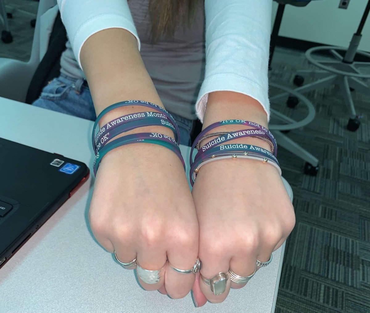 IHS_Leadership's tweet photo. In honor of suicide awareness month, we are selling rubber bracelets for $1!! You can get them in room 100 (Ms Duffy’s room)!! #breakthestigma 💙💚💜 https://t.co/cQQkUitJfz