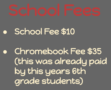 Please don't forget to pay your student's yearly fees. These can be made online at MySchoolBucks (bullitt.k12.ky.us/9/Content2/zms…) or through their mobile app. Every student needs to pay the $10 student fee. All 7th and 8th graders need to also pay the $35 Chromebook fee.