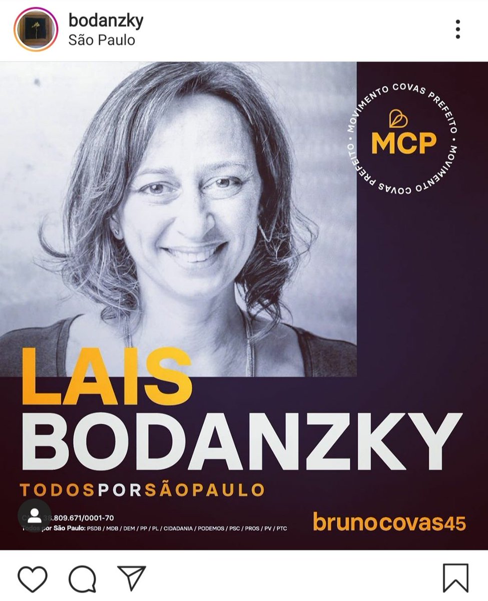 Na semana passada, Laís Bondanky usou suas redes para postar uma foto sua com um texto: “Laís Bondanky – Todos por São Paulo – Bruno Covas 45”.Na publicação, ela fez questão de ressaltar que ... embora seja de esquerda, vai votar em Covas.