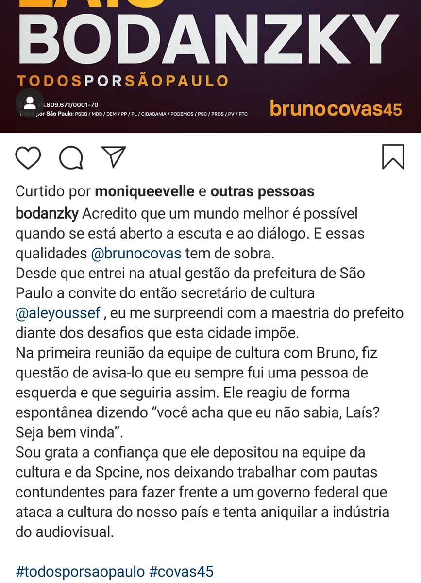 Na semana passada, Laís Bondanky usou suas redes para postar uma foto sua com um texto: “Laís Bondanky – Todos por São Paulo – Bruno Covas 45”.Na publicação, ela fez questão de ressaltar que ... embora seja de esquerda, vai votar em Covas.