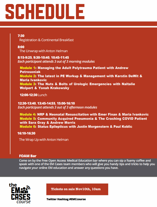 EMCases's tweet photo. Only 60 tickets available starting tomorrow, Nov 10th @ 10am EST for the 6th annual (virtual) EM Cases Course

Day 1 Round-table discussions with your favorite EM Cases guest experts

Day 2 Virtual team sims debriefed with sim experts and content experts

https://t.co/E8h1rc62nP https://t.co/Ny2aQ11Ct4