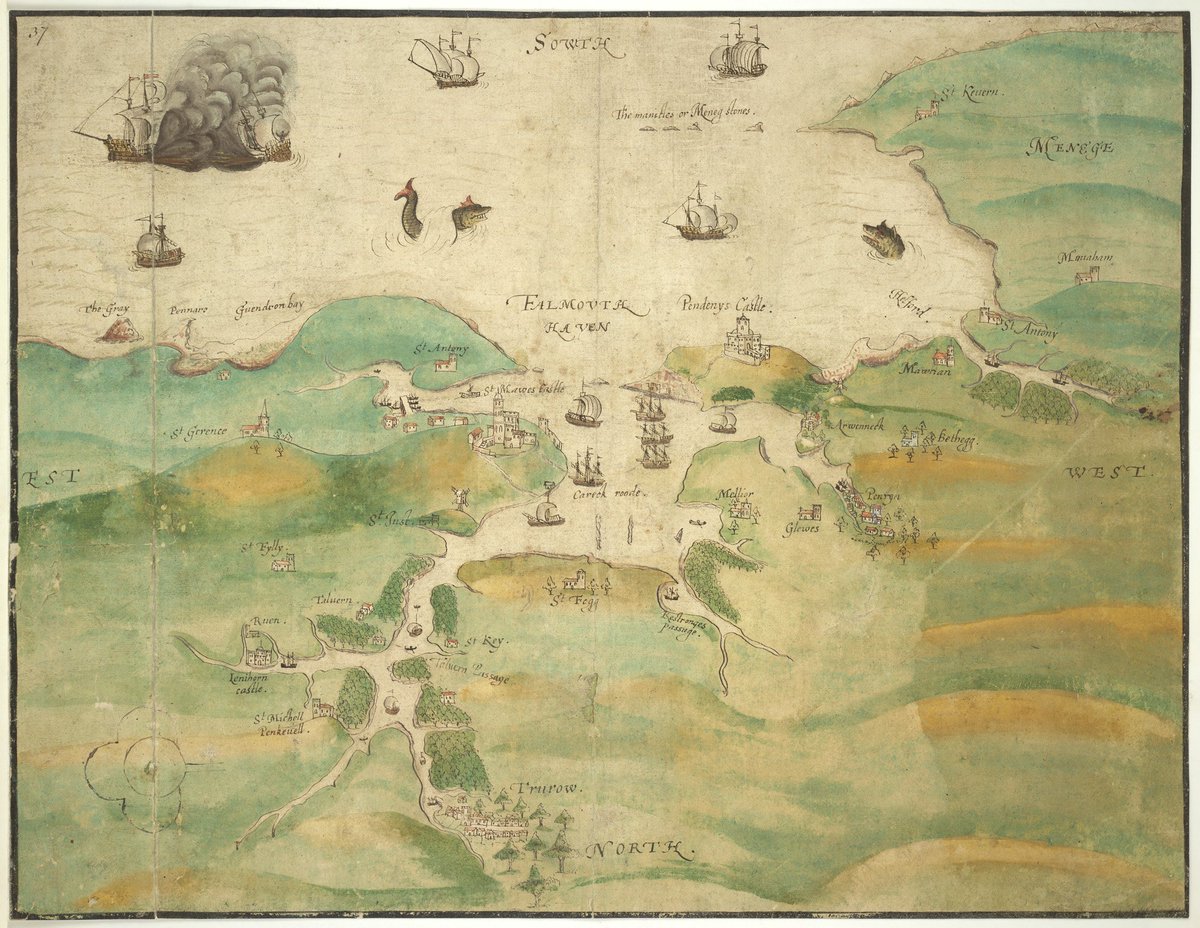 Map of Falmouth Haven and the River Fal as far as Truro, c. 1598–99:  https://www.bl.uk/collection-items/map-of-falmouth-haven-and-the-river-fal-as-far-as-truro