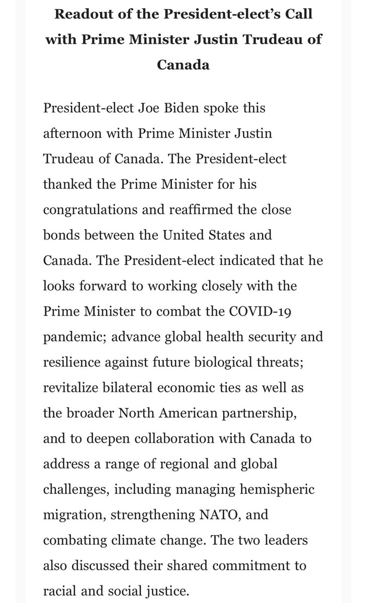 Katie___Simpson's tweet photo. Here’s the statement from the President-Elect’s team on the call today with Prime Minister Trudeau. https://t.co/XkVVeQRitz