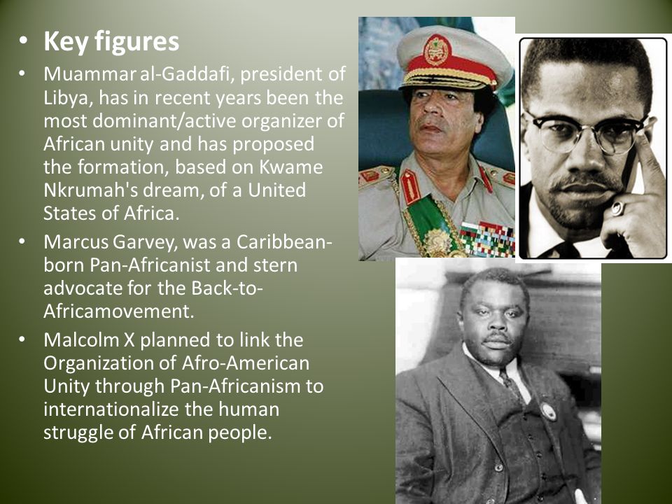 Muammar Gaddafi upholds the legacy of the father of Pan-Africanism and the first Prime Minister of Ghana , Dr. Kwame Nkrumah's dream of a United States Of Africa. Gaddafi single-handedly funded African Union in order protect Africa from the influences of the colonialists.