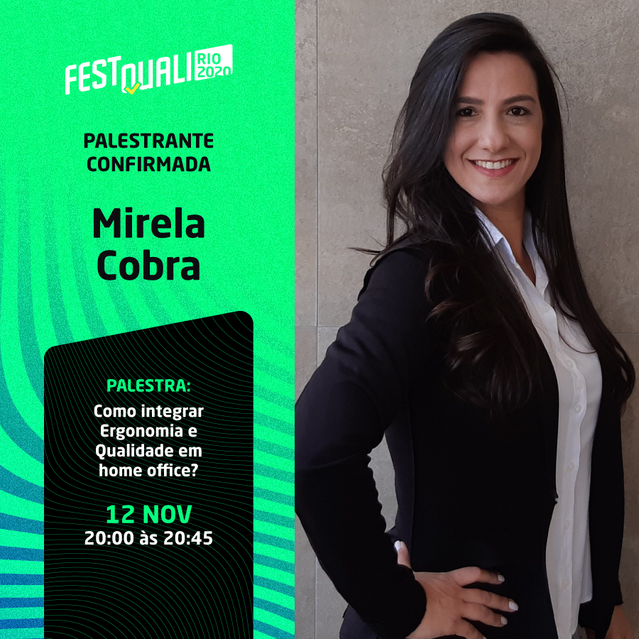 festquali's tweet photo. ➡ Mirela Cobra é fisioterapeuta do trabalho, fundadora e gestora da #ErgomConsultoria. 

No #FestQualiRio2020 ela conduzirá o tema “Como integrar #Ergonomia e #Qualidade em #homeoffice?”. 

🔹 Inscreva-se e participe!

📲 https://t.co/yCFgmzLM3v https://t.co/89RAtc7ad8