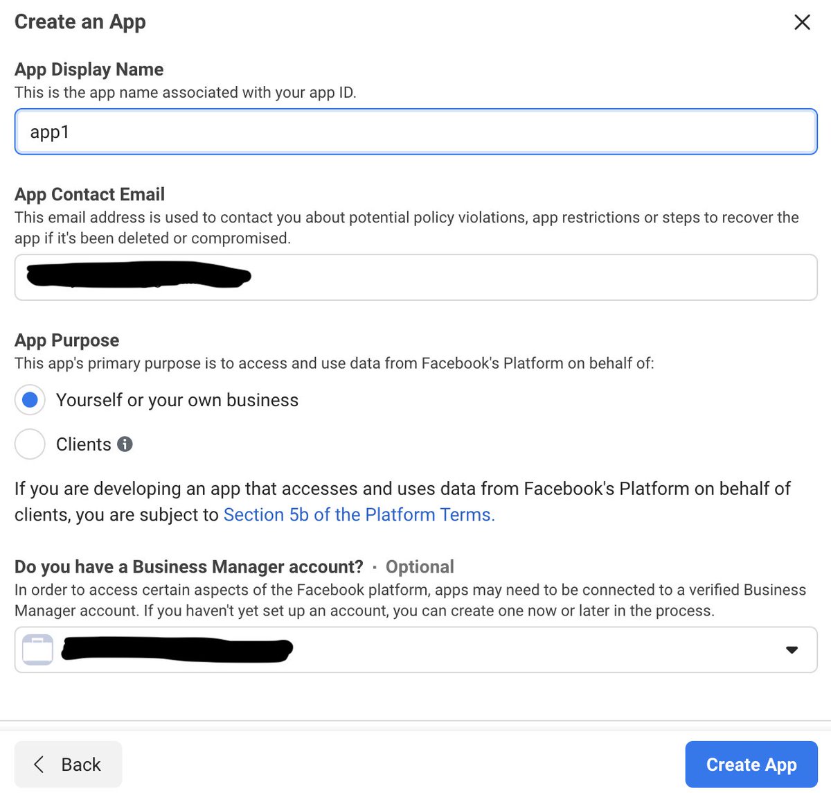 6. Click 'Manage Business Integrations'7. Name the app whatever you want, write in your email, and select your BM.Then click 'Create App'