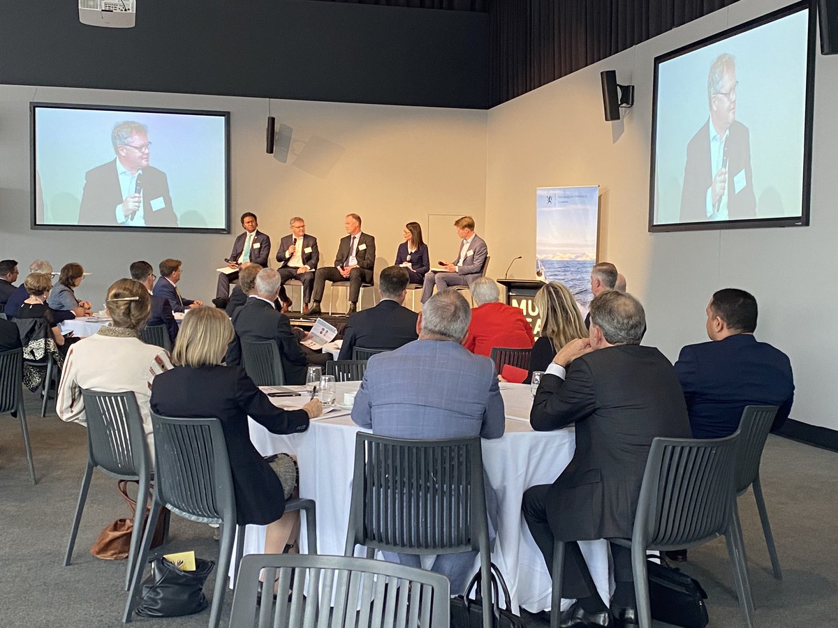 NorwayAmbAus's tweet photo. The panel on security with moderator Mr Sam Roggeveen from @LowyInstitute along with panelists @CGSydney @LukeDaunivalu, Mr John Fry from @kongsbergasa, Mr Mark Alcock from @GeoscienceAus &amp;  Dr Filimon Manoni representing @PacOceanComm is live! https://t.co/ZgfRjZQenZ