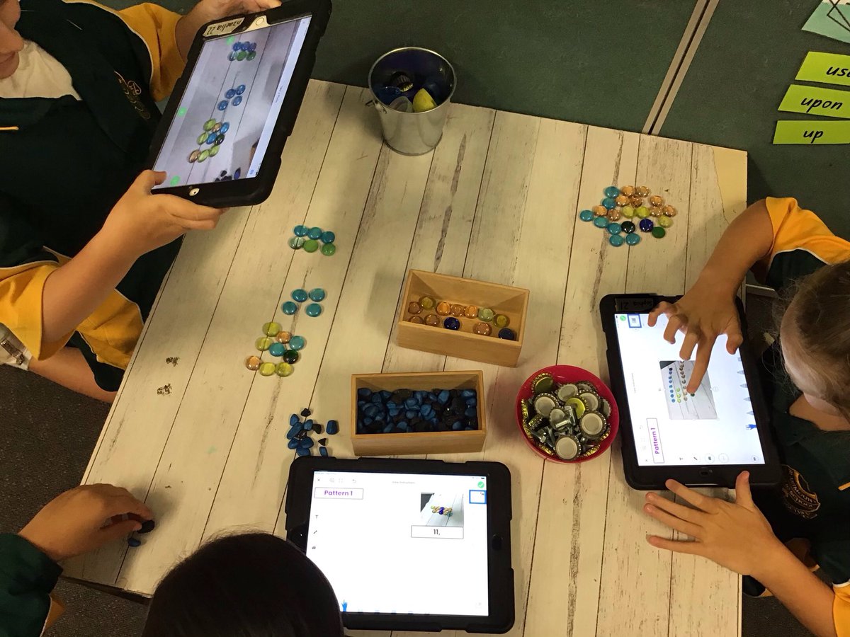 Creating and explaining complex patterns using a range of hands on resources. Year 1 and 2 students are loving taking a photo of their patterns with an iPad and showcasing their learning on Seesaw! 🍎📚 #ThisisBlairmount @BlairmountPS