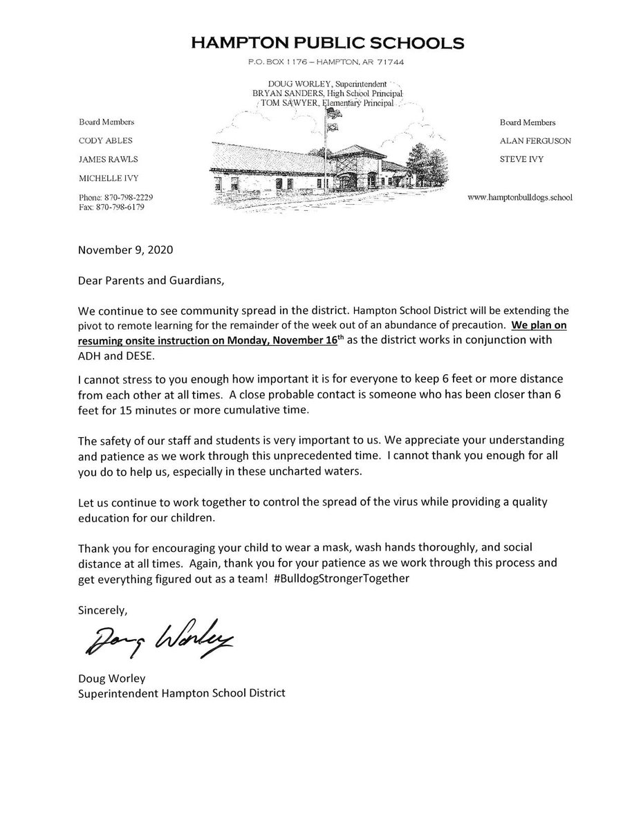SchoolHampton's tweet photo. Letter from Hampton School District Superintendent to Parents and Guardians concerning remote learning. https://t.co/wJ0nPng30V