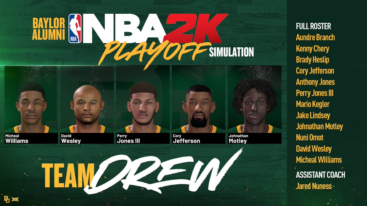 BaylorMBB's tweet photo. Meet Team Drew ⬇️

All 5 starters have registered minutes in the NBA and made up years of highlights for the Green and Gold. 👏

#SicEm 🐻🏀 #BaylorAlumni2K 🎮 https://t.co/Z1oGHRwq8V