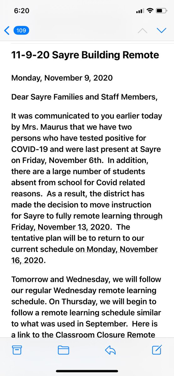 Please be sure to check your email. All Sayre student will be remote until Monday, November 16th.